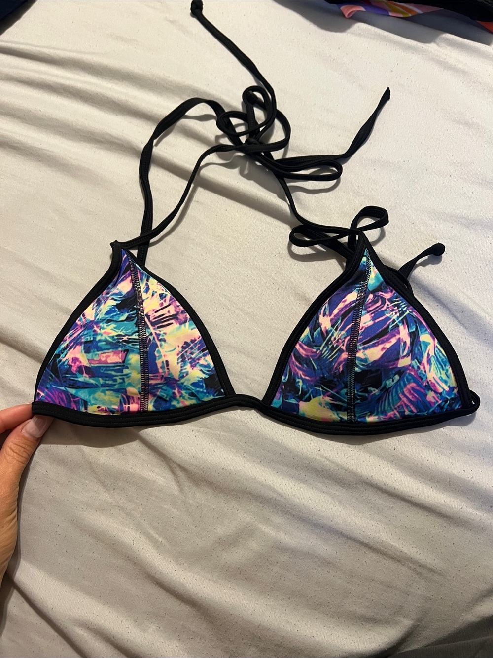 Adjustable Triangle Bikini Top in Multicolor Abstract Print with Black Trim